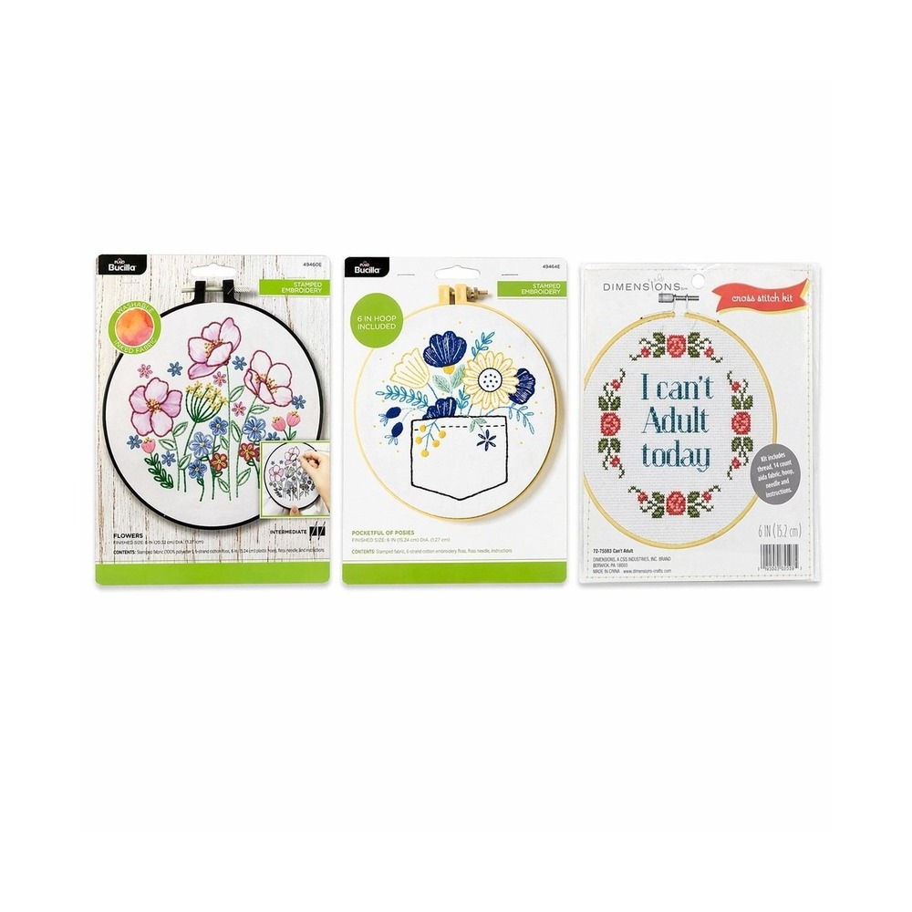 Lot of 3 Bucilla Dimensions Embroidery Cross Stitch Kits Floral 6" Hoops72-75593